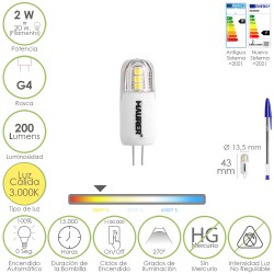 Bombilla Led Dicroica Rosca G4. 2 Watt. Equivale A 20 Watt. 200 Lumenes. Luz Calida (3000º K.)