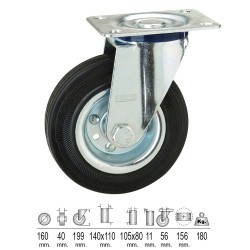 Rueda Industrial Goma Negra Placa 160 mm.