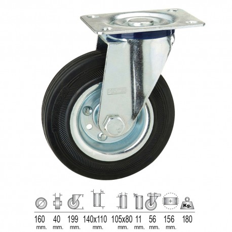 Rueda Industrial Goma Negra Placa 160 mm.