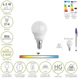 Bombilla Led Esfera Rosca E14. 6.5 Watt. Equivale A 50 Watt. 806 Lumenes. Luz Neutra 4000º K.