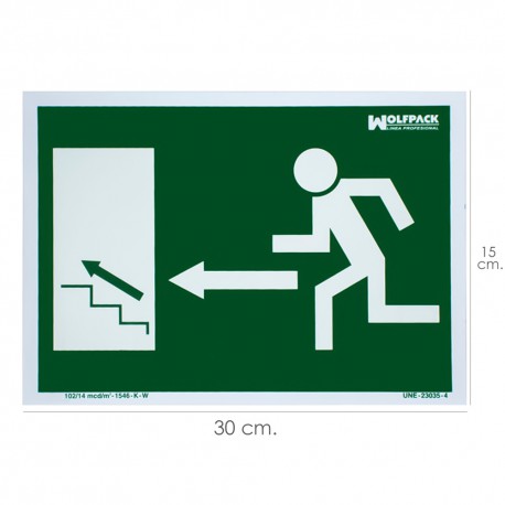 Cartel / Señal Fluorescente Salida Escalera Izquierda Arriba 30 x 21 (Alt.) cm.